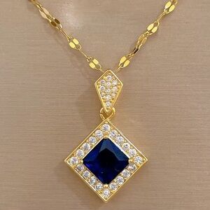 Vintage Square Gold color and Blue Pendant Necklace